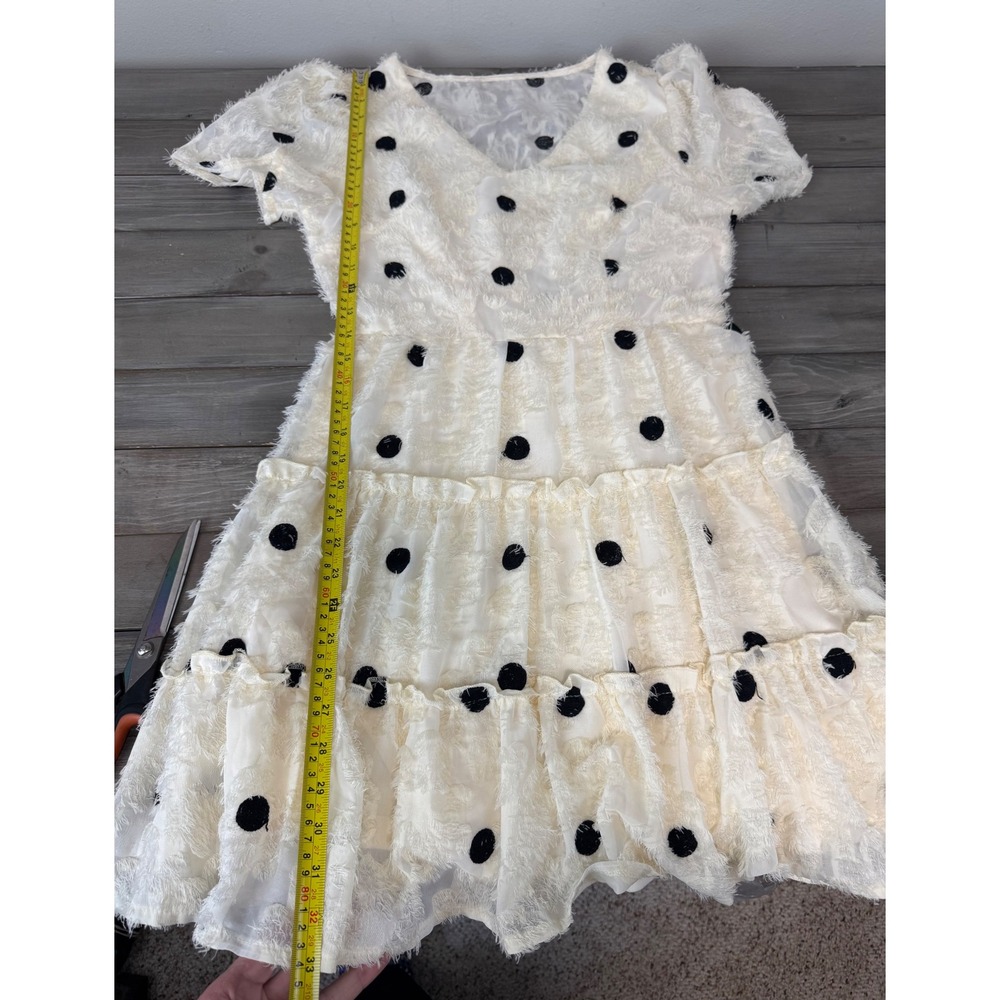 NWT Polka Dot Eyelash Fringe Cream Tiered Dress V-Neck Puff Sleeve Cream Med 6 8 - Picture 14 of 16